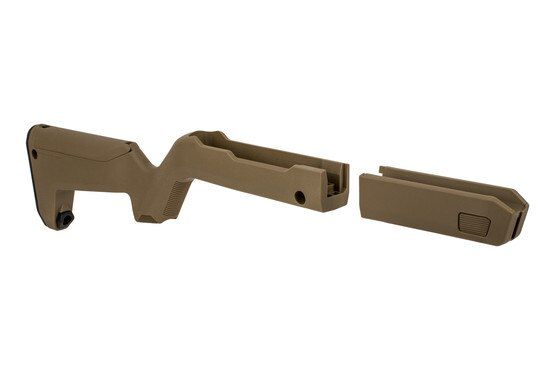 Magpul X22 Backpacker stock FDE can be taken down into two halves for storage